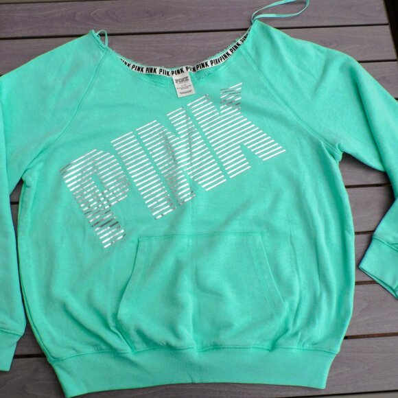 PINK Victoria's secret green crew neck sweater with silver accent Size L-$ 25 - Picture 3 of 3